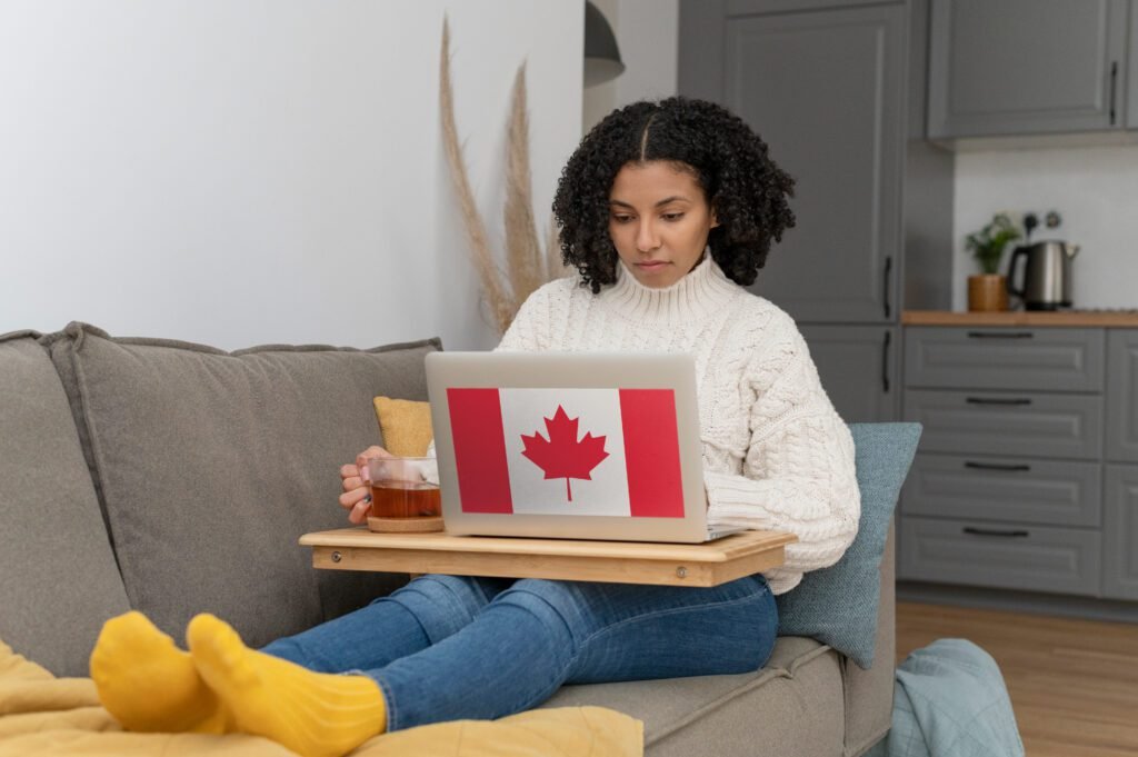 Etudante de Inglês fazendo um teste online de nível de inglês para poder ir estudar no Canadá